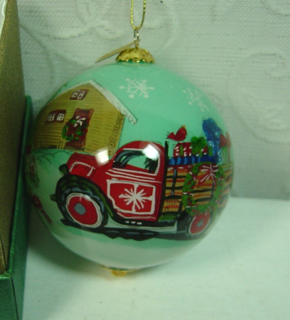 PIER 1 HAND PAINTED ROUND GLASS ORNAMENT-RED TRUCK FULL OF GIFTS--2017-WITH BOX